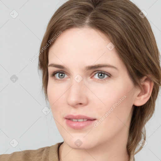 Neutral white young-adult female with medium  brown hair and grey eyes