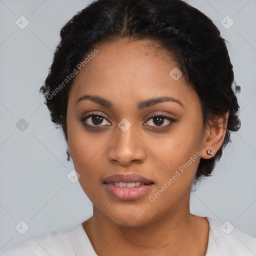 Joyful latino young-adult female with medium  black hair and brown eyes