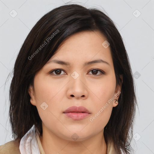 Neutral asian young-adult female with medium  brown hair and brown eyes