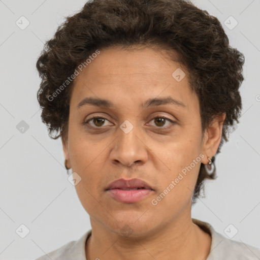 Neutral white adult female with short  brown hair and brown eyes