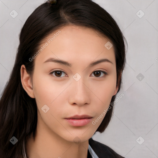 Neutral white young-adult female with long  brown hair and brown eyes