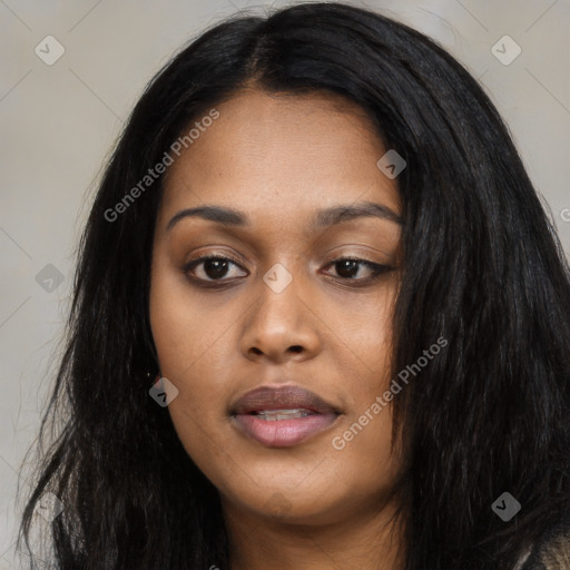 Joyful asian young-adult female with long  black hair and brown eyes