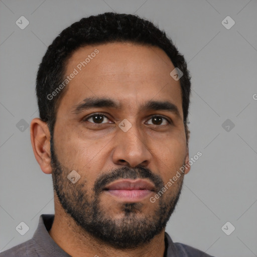Neutral latino young-adult male with short  black hair and brown eyes