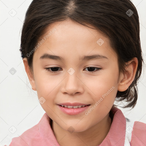 Joyful white child female with medium  brown hair and brown eyes