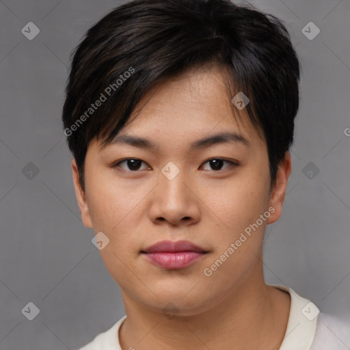 Neutral asian young-adult female with short  brown hair and brown eyes