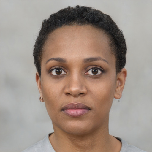 Neutral black young-adult female with short  black hair and brown eyes