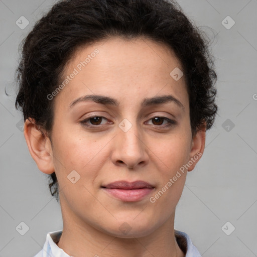 Joyful white adult female with short  brown hair and brown eyes