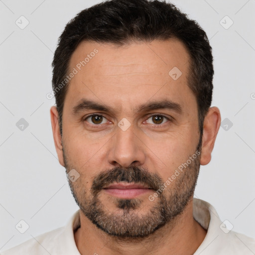 Neutral white adult male with short  brown hair and brown eyes