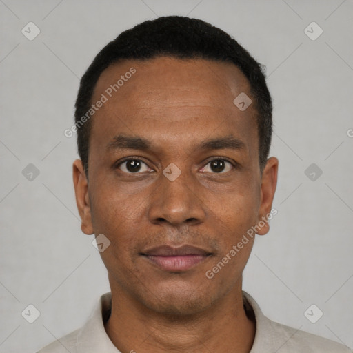 Neutral black young-adult male with short  black hair and brown eyes