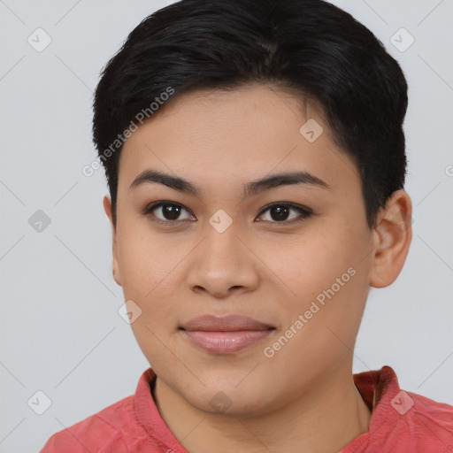 Joyful asian young-adult female with short  brown hair and brown eyes