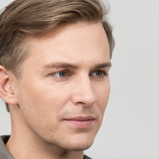 Neutral white young-adult male with short  brown hair and grey eyes