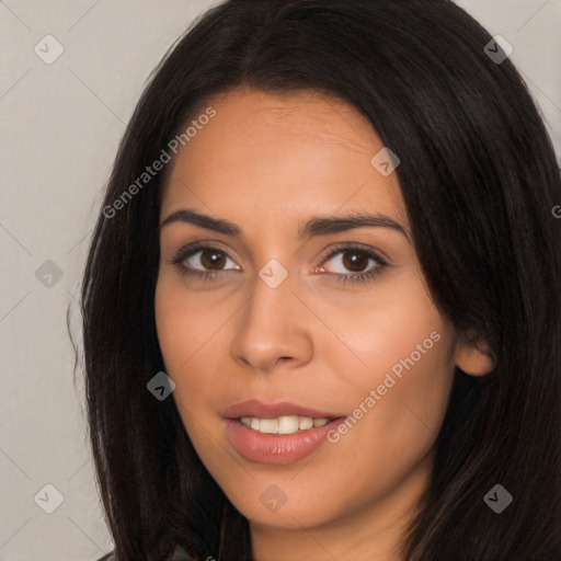 Joyful latino young-adult female with long  brown hair and brown eyes