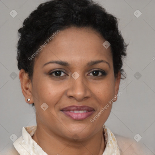 Joyful black young-adult female with short  brown hair and brown eyes