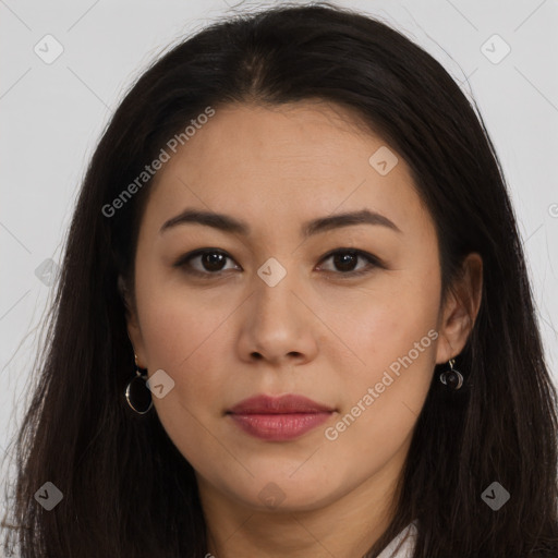 Joyful latino young-adult female with long  brown hair and brown eyes