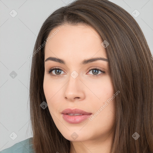 Neutral white young-adult female with long  brown hair and brown eyes