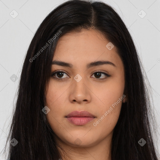 Neutral latino young-adult female with long  brown hair and brown eyes