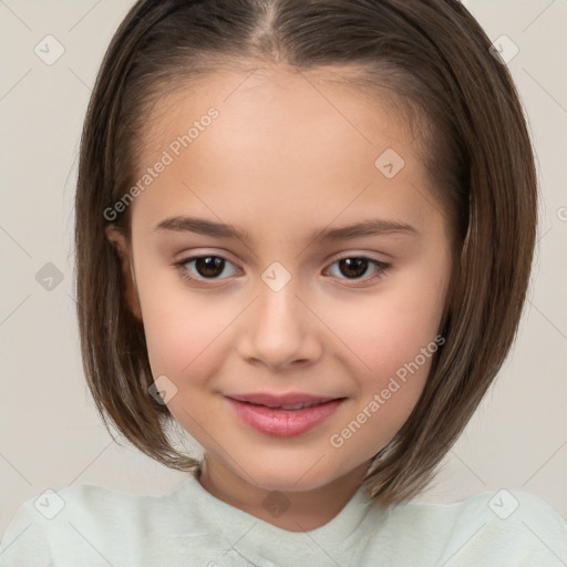 Joyful white child female with medium  brown hair and brown eyes