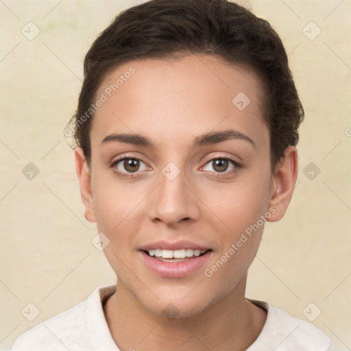 Joyful white young-adult female with short  brown hair and brown eyes