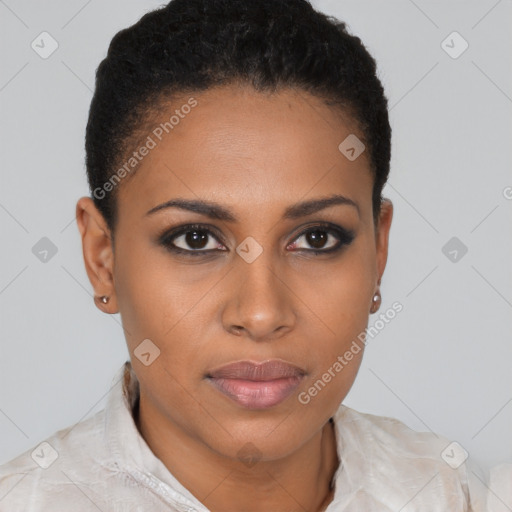 Joyful black young-adult female with short  brown hair and brown eyes