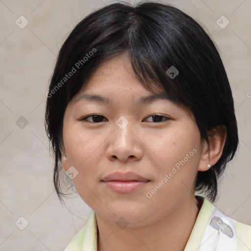 Joyful asian young-adult female with medium  brown hair and brown eyes