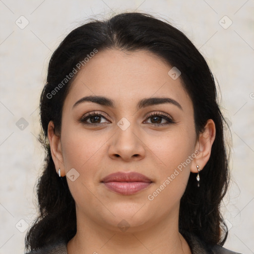 Joyful latino young-adult female with medium  brown hair and brown eyes