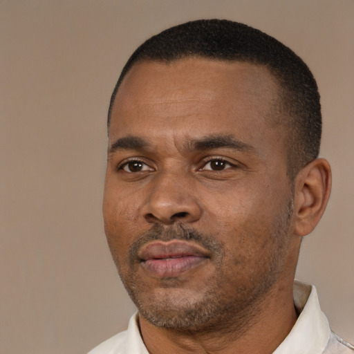 Neutral black adult male with short  black hair and brown eyes