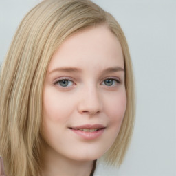 Joyful white young-adult female with long  brown hair and blue eyes