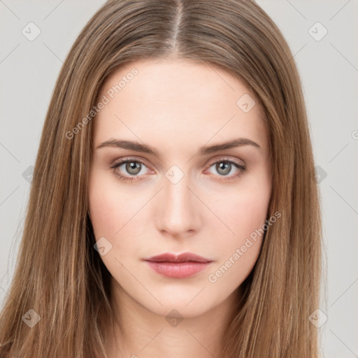 Neutral white young-adult female with long  brown hair and brown eyes