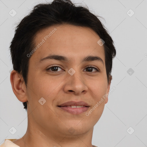 Joyful white young-adult female with short  brown hair and brown eyes