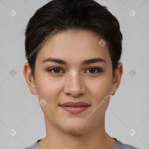 Joyful white young-adult female with short  brown hair and brown eyes