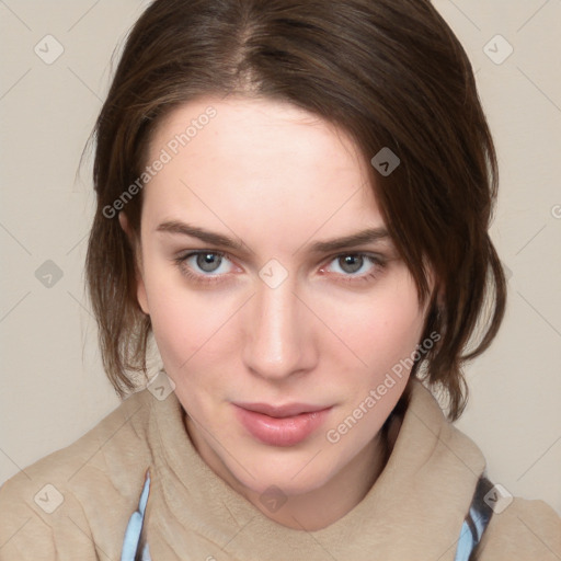 Neutral white young-adult female with medium  brown hair and brown eyes