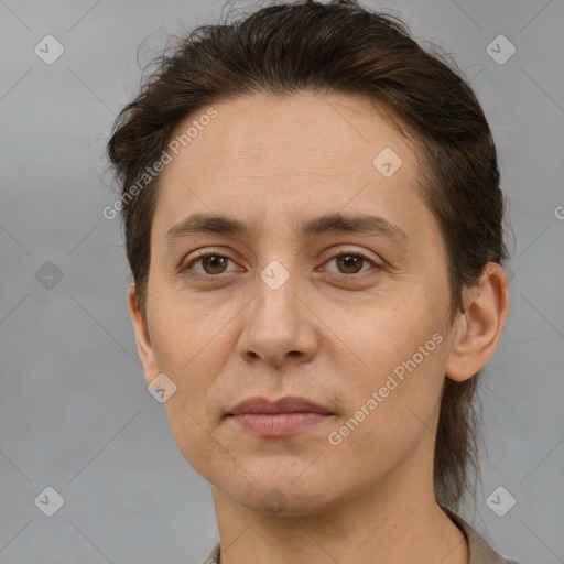 Neutral white young-adult female with short  brown hair and brown eyes