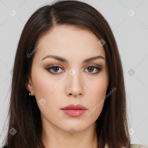 Neutral white young-adult female with long  brown hair and brown eyes