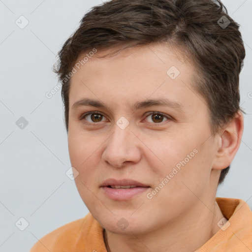 Joyful white young-adult female with short  brown hair and brown eyes