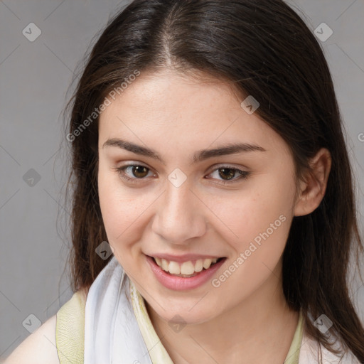 Joyful white young-adult female with medium  brown hair and brown eyes