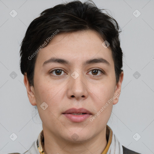 Neutral white young-adult female with short  brown hair and brown eyes