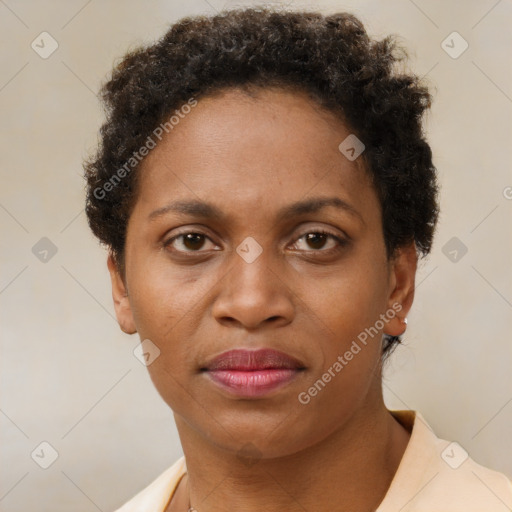 Joyful black adult female with short  brown hair and brown eyes