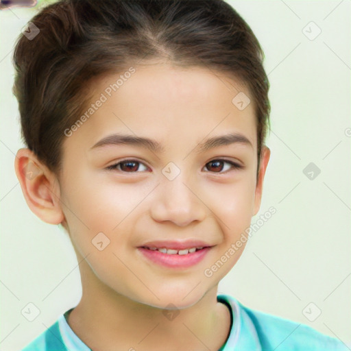 Joyful white child female with short  brown hair and brown eyes