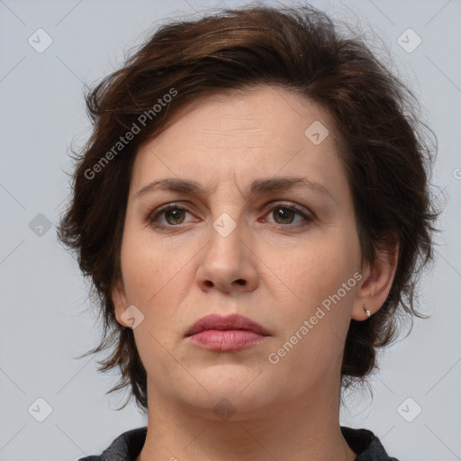 Neutral white adult female with medium  brown hair and brown eyes