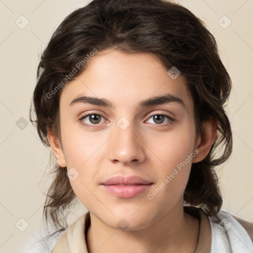 Neutral white young-adult female with medium  brown hair and brown eyes