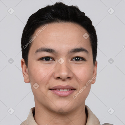 Joyful white young-adult male with short  black hair and brown eyes