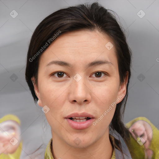 Joyful white adult female with medium  brown hair and brown eyes