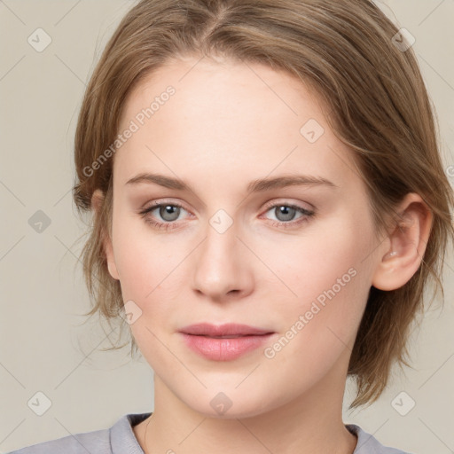 Joyful white young-adult female with medium  brown hair and blue eyes