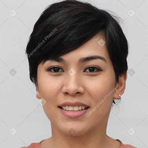 Joyful asian young-adult female with medium  black hair and brown eyes