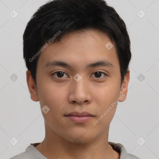 Neutral asian young-adult male with short  black hair and brown eyes