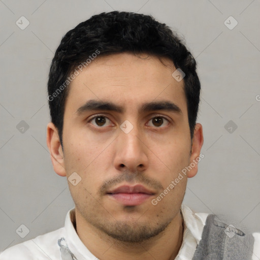 Neutral asian young-adult male with short  black hair and brown eyes