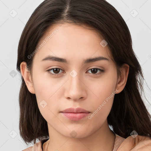 Neutral white young-adult female with medium  brown hair and brown eyes