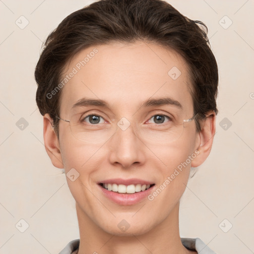 Joyful white young-adult female with short  brown hair and grey eyes