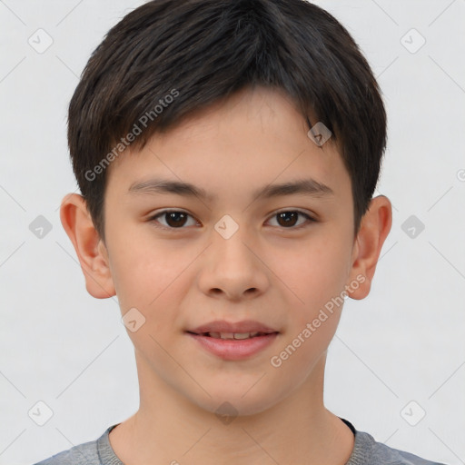 Joyful white child male with short  brown hair and brown eyes