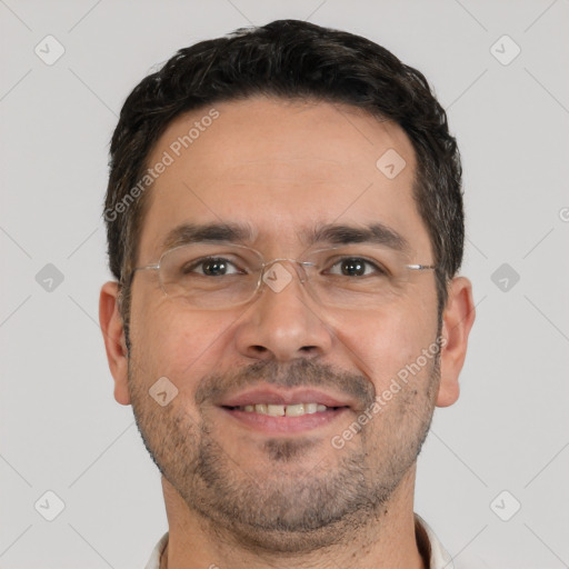 Joyful white adult male with short  brown hair and brown eyes